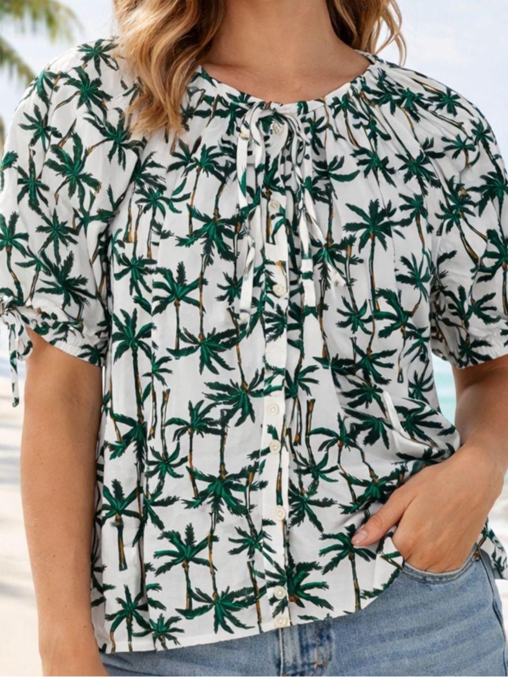 J. Crew Palm Print White Button-Front Blouse Size Medium NWT